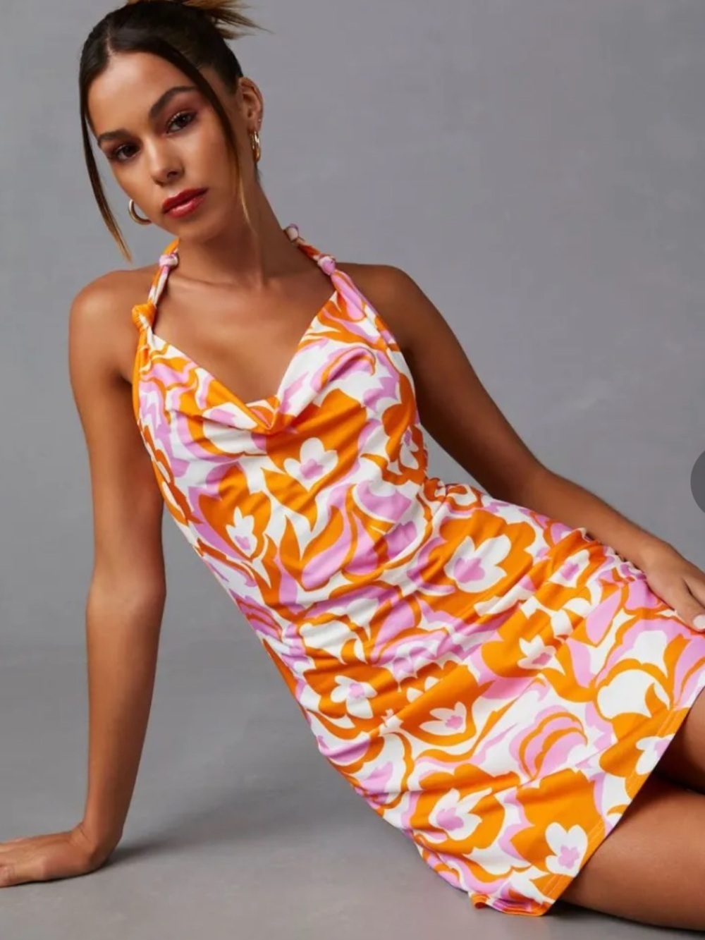 SKYLAR  ROSE Orange & Pink Floral Halter Swim Cover-Up Dress! New! L